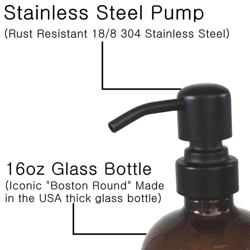 CHBJDAN 2 Pack Thick Amber Glass Pint Jar Soap Dispenser with Silver Stainless Steel Pump, 16ounce Boston Round Bottles Dispenser with Rustproof Pump for Essential Oil, Lotion Soap - Image 3